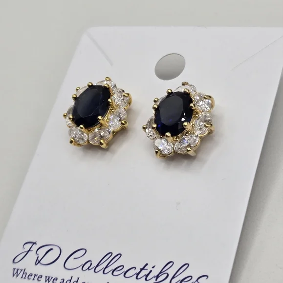 Sapphire Blue & Clear Earrings Made with Swarovski Crystals Gold Overlay NWOT - Picture 2 of 5